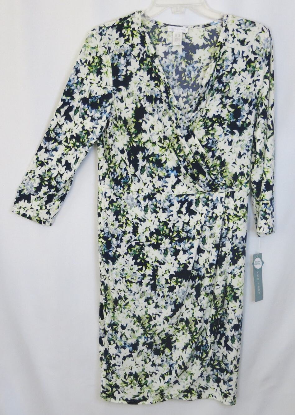 LONDON TIMES *NWT* Faux Wrap Dress Size 10 Blue White Floral Office Professional